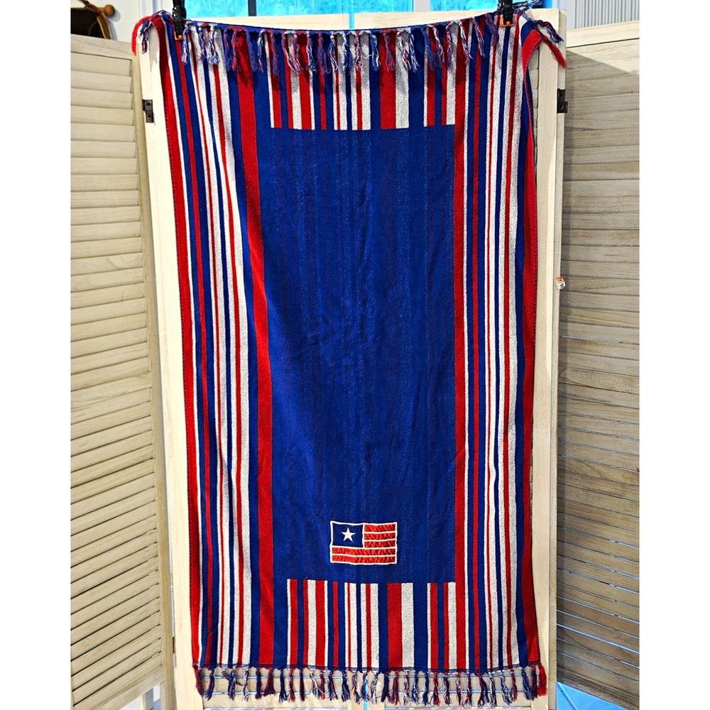 Tropical Escape Liberia Flag Beach Towel 100% Cotton Red White Blue Fringe 53"